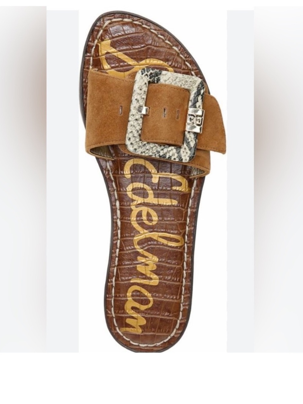 Sam Edelman Tan Suede Slide with Snake-Print Buckle